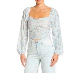 Sophie Rue Floral Long Sleeve Crop Top Blue Pink SZ S